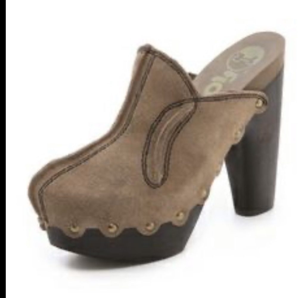 Flogg Diana Suede Cloggs - Tan/Brown/Black heel